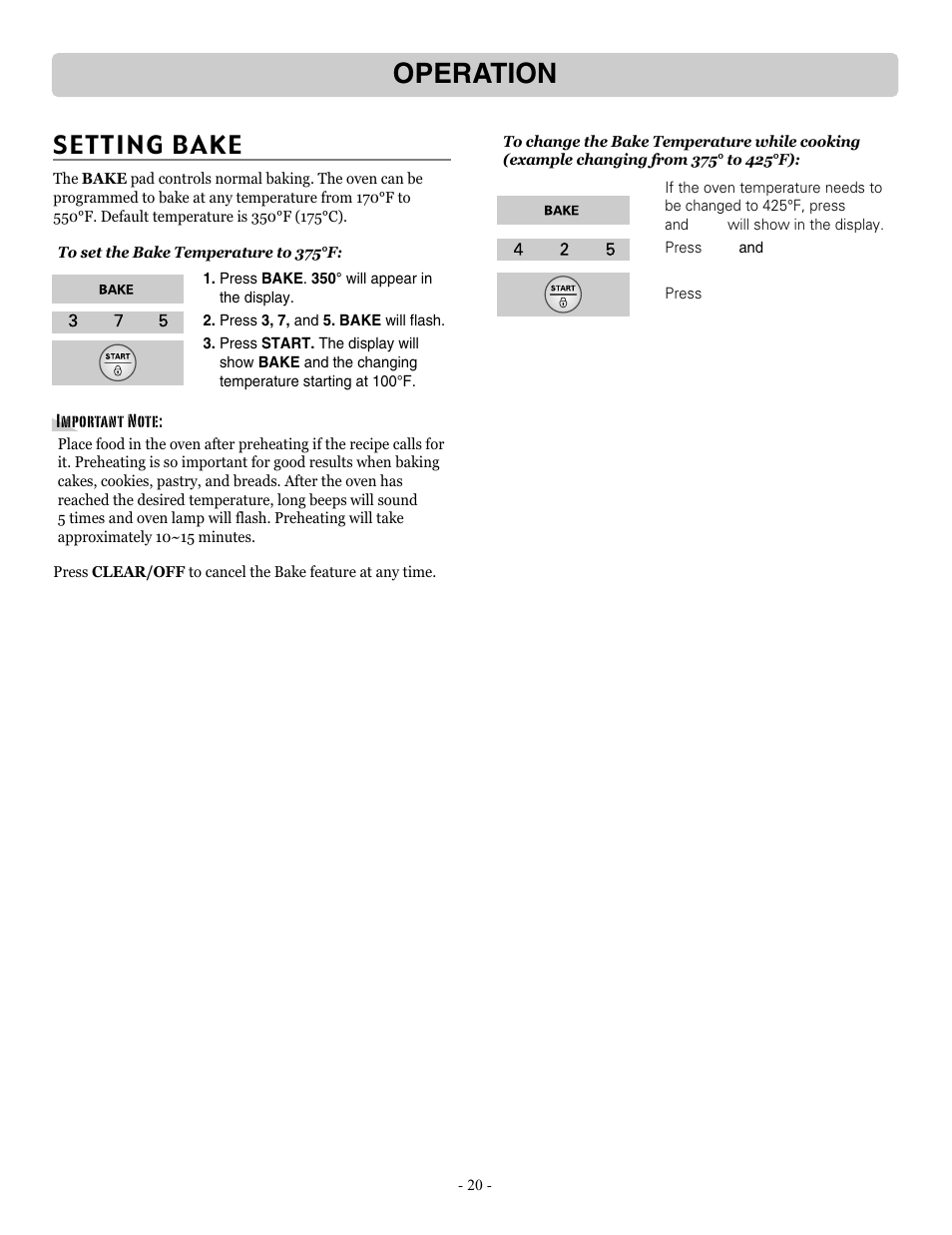 Operation, Setting bake | LG LRE30757ST User Manual | Page 20 / 41