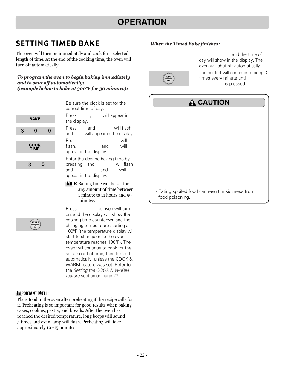 Operation, Setting timed bake, Caution | LG LRE30757ST User Manual | Page 22 / 41