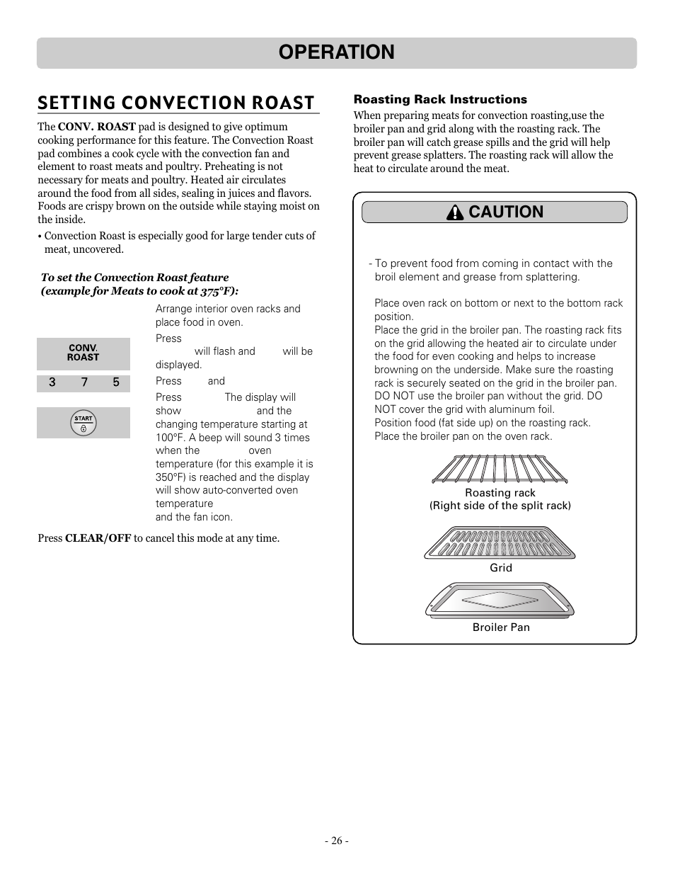 Operation, Setting convection roast, Caution | LG LRE30757ST User Manual | Page 26 / 41