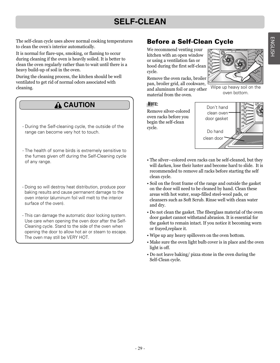 Self-clean, Caution, Before a self-clean cycle | LG LRE30757ST User Manual | Page 29 / 41