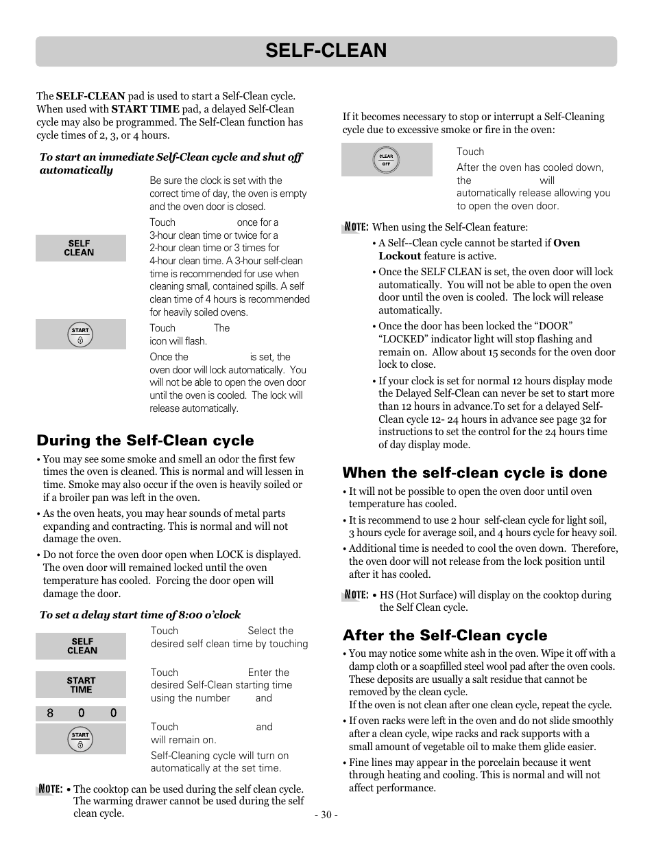 Self-clean, During the self-clean cycle, After the self-clean cycle | When the self-clean cycle is done | LG LRE30757ST User Manual | Page 30 / 41