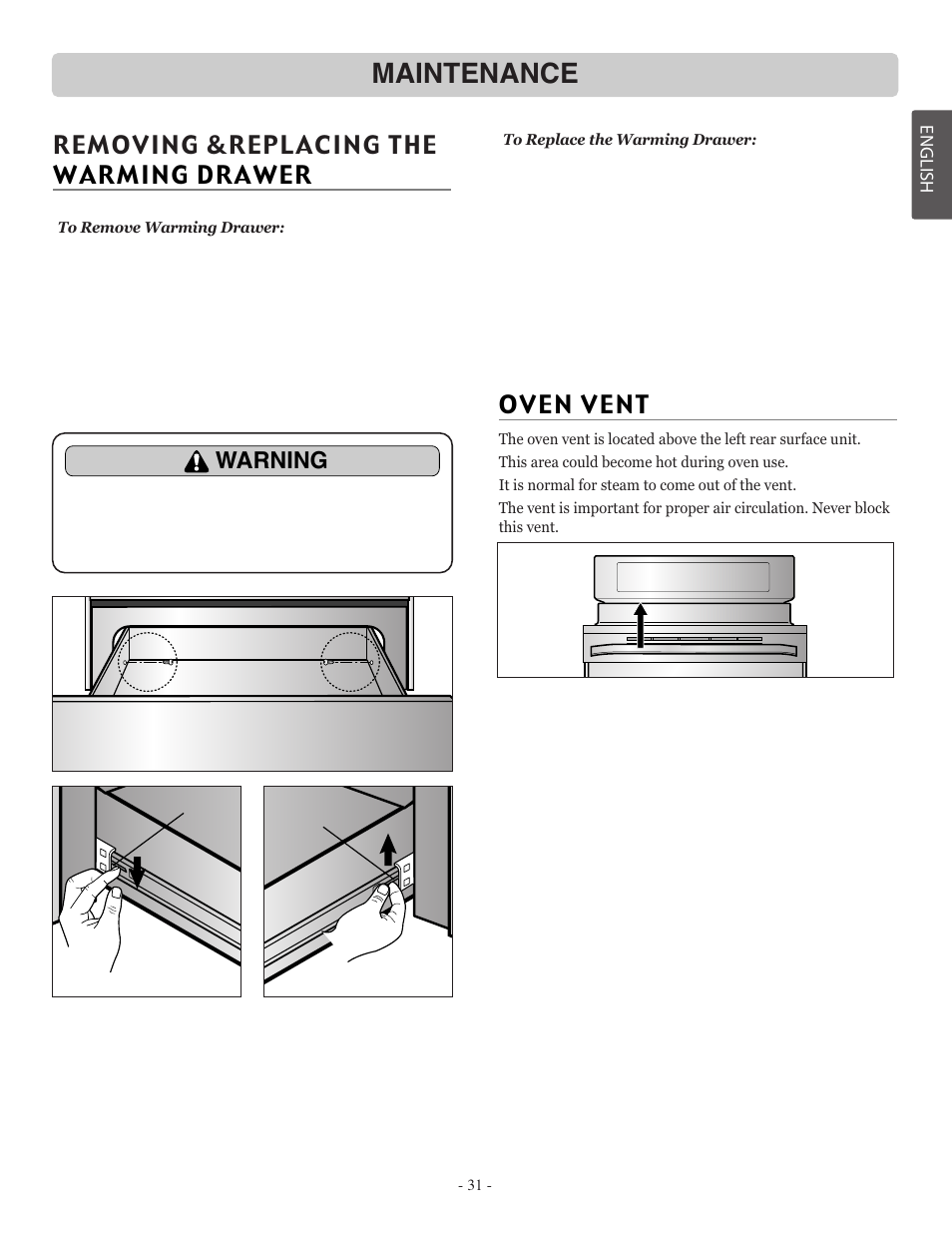 Maintenance, Removing &replacing the warming drawer, Warning | LG LRE30757ST User Manual | Page 31 / 41