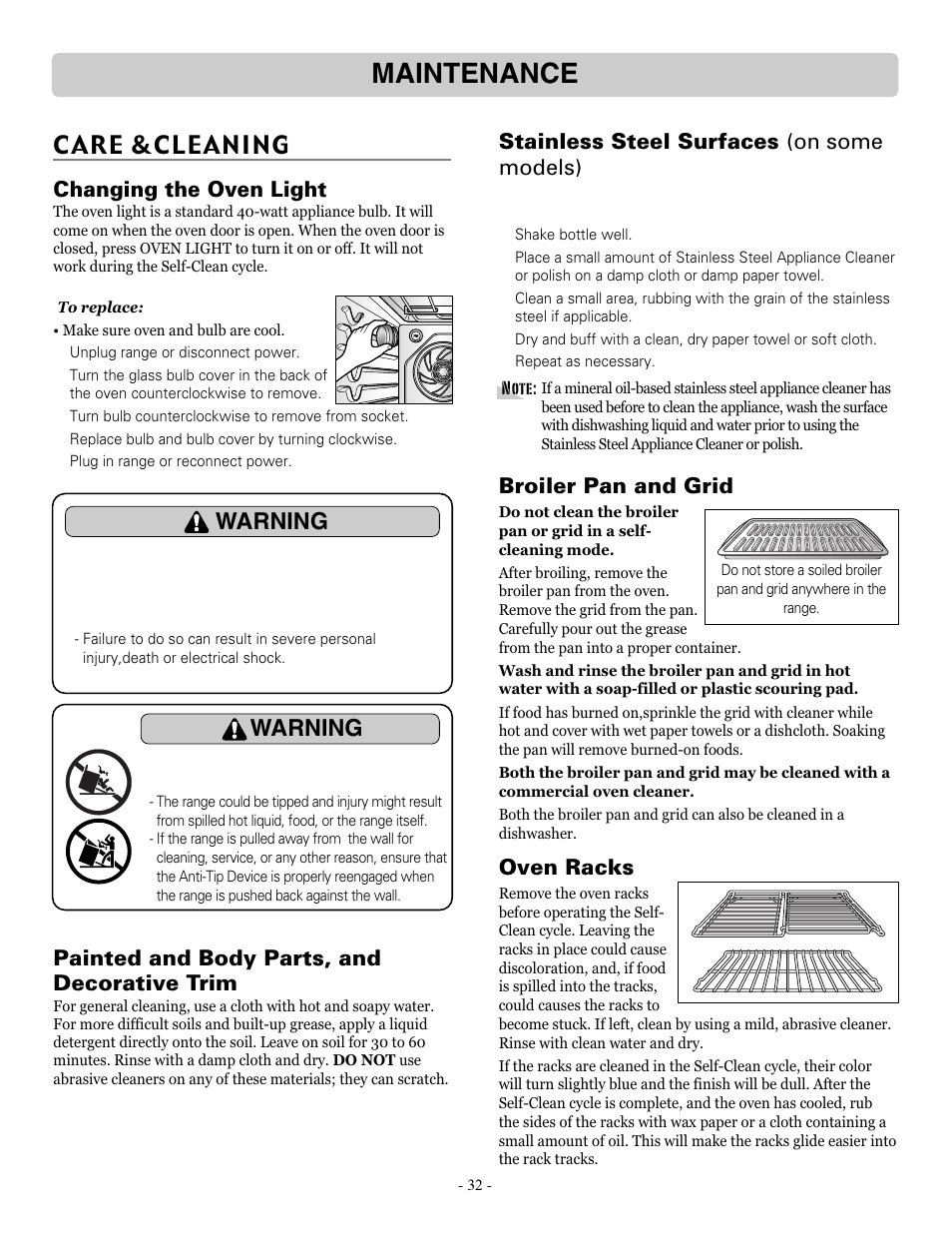 Maintenance, Care &cleaning, Warning | Changing the oven light, Painted and body parts, and decorative trim, Stainless steel surfaces (on some models), Broiler pan and grid, Oven racks | LG LRE30757ST User Manual | Page 32 / 41