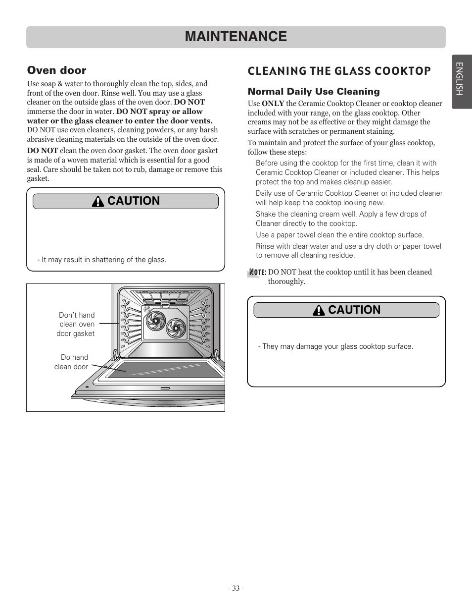 Maintenance, Caution, Oven door | Cleaning the glass cooktop | LG LRE30757ST User Manual | Page 33 / 41