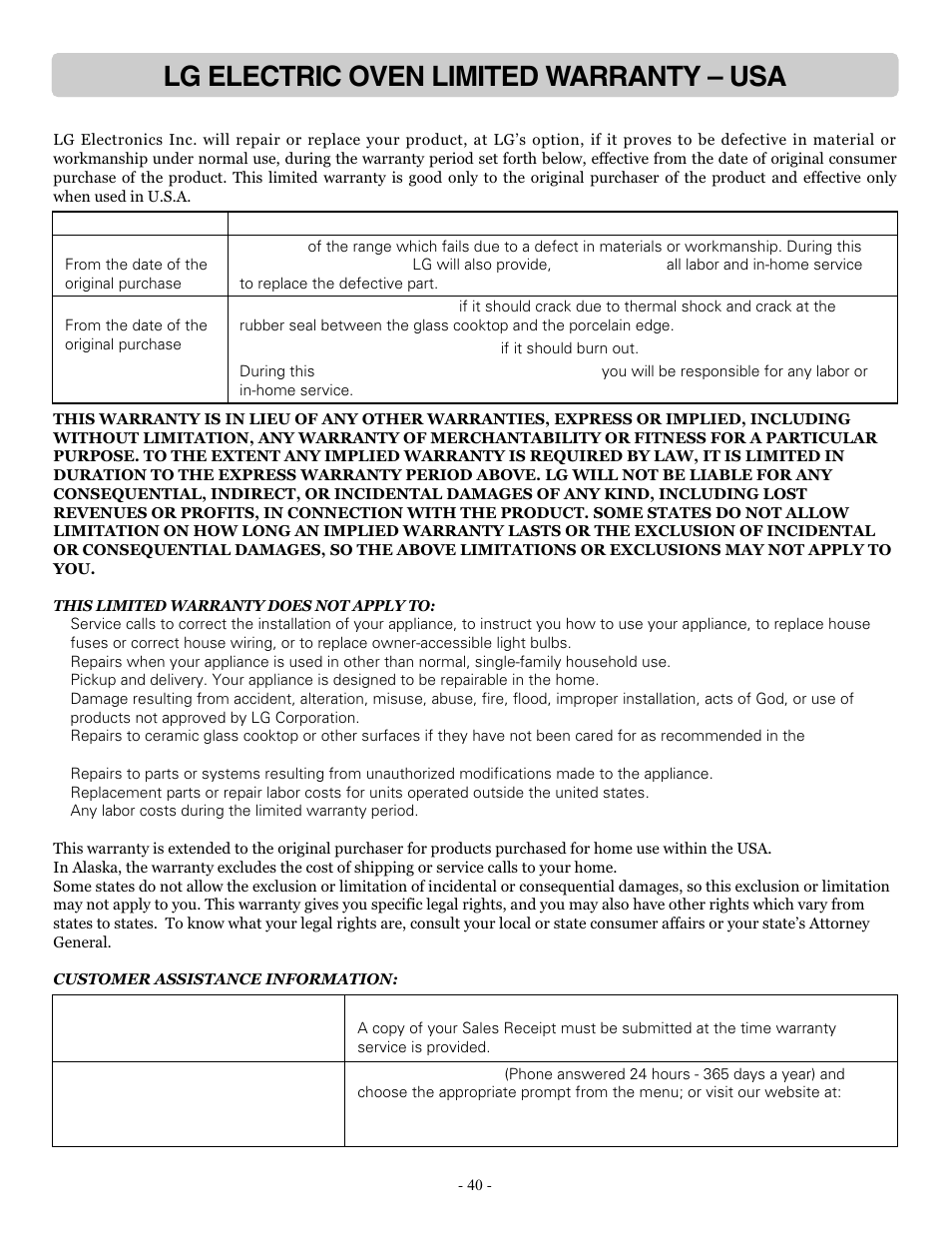 Lg electric oven limited warranty – usa | LG LRE30757ST User Manual | Page 40 / 41
