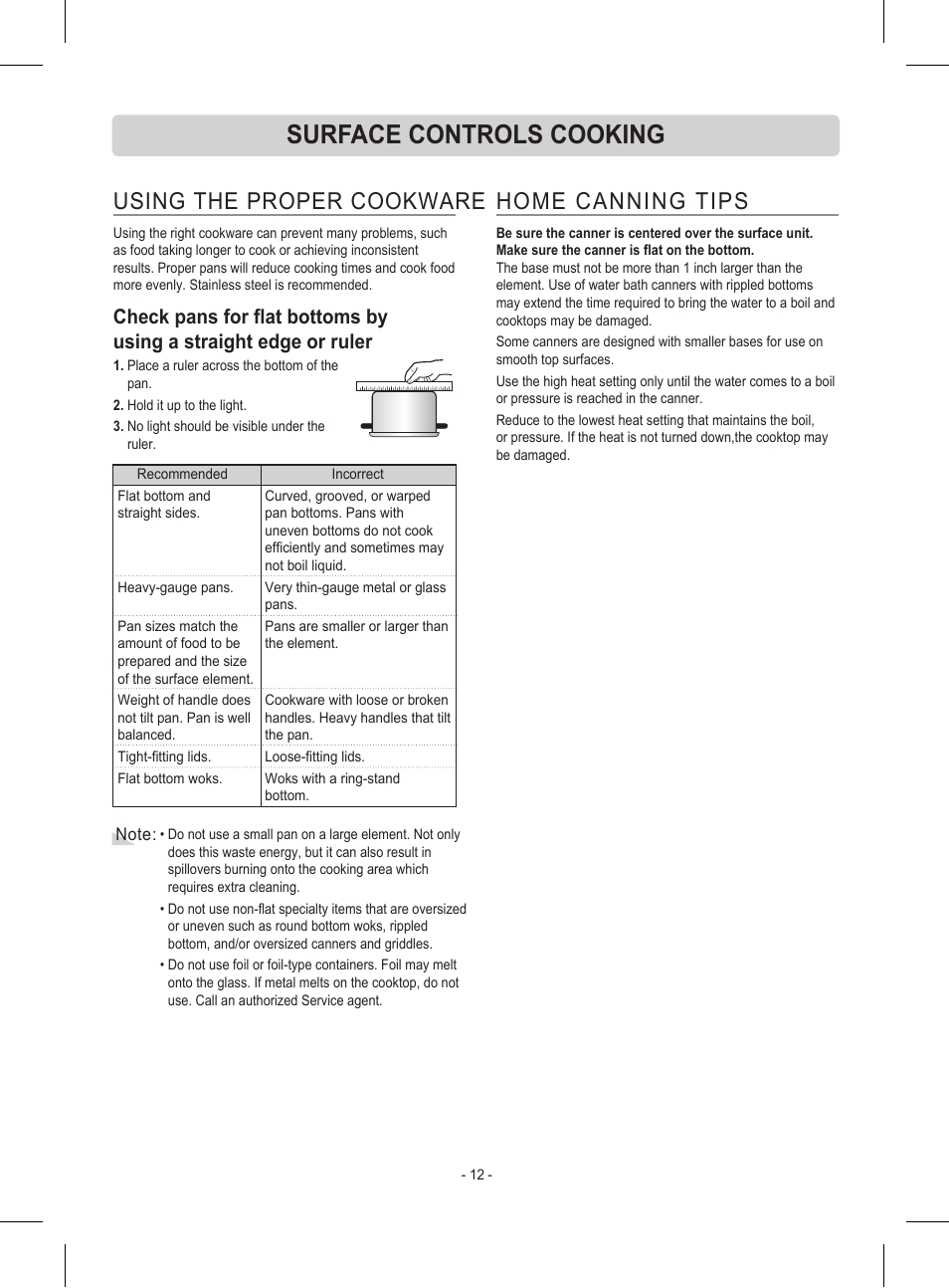 Surface controls cooking, Home canning tips, Using the proper cookware | LG LRE30453ST User Manual | Page 12 / 76