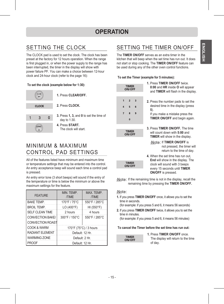 Operation, Setting the clock, Minimum & maximum control pad settings | Setting the timer on/off | LG LRE30453ST User Manual | Page 15 / 76