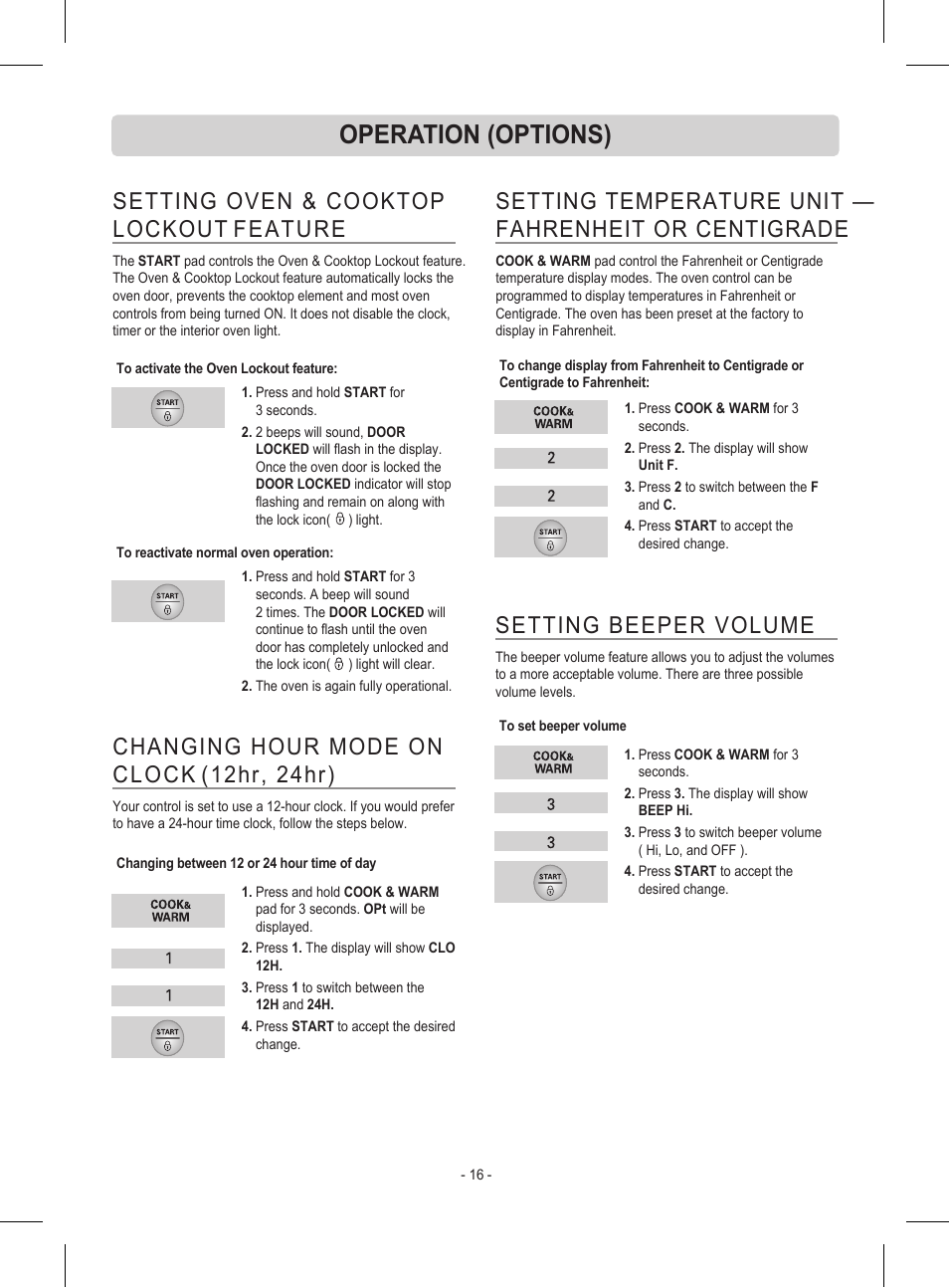 Operation (options), Setting beeper volume, Setting oven & cooktop lockout feature | Changing hour mode on clock (12hr, 24hr) | LG LRE30453ST User Manual | Page 16 / 76