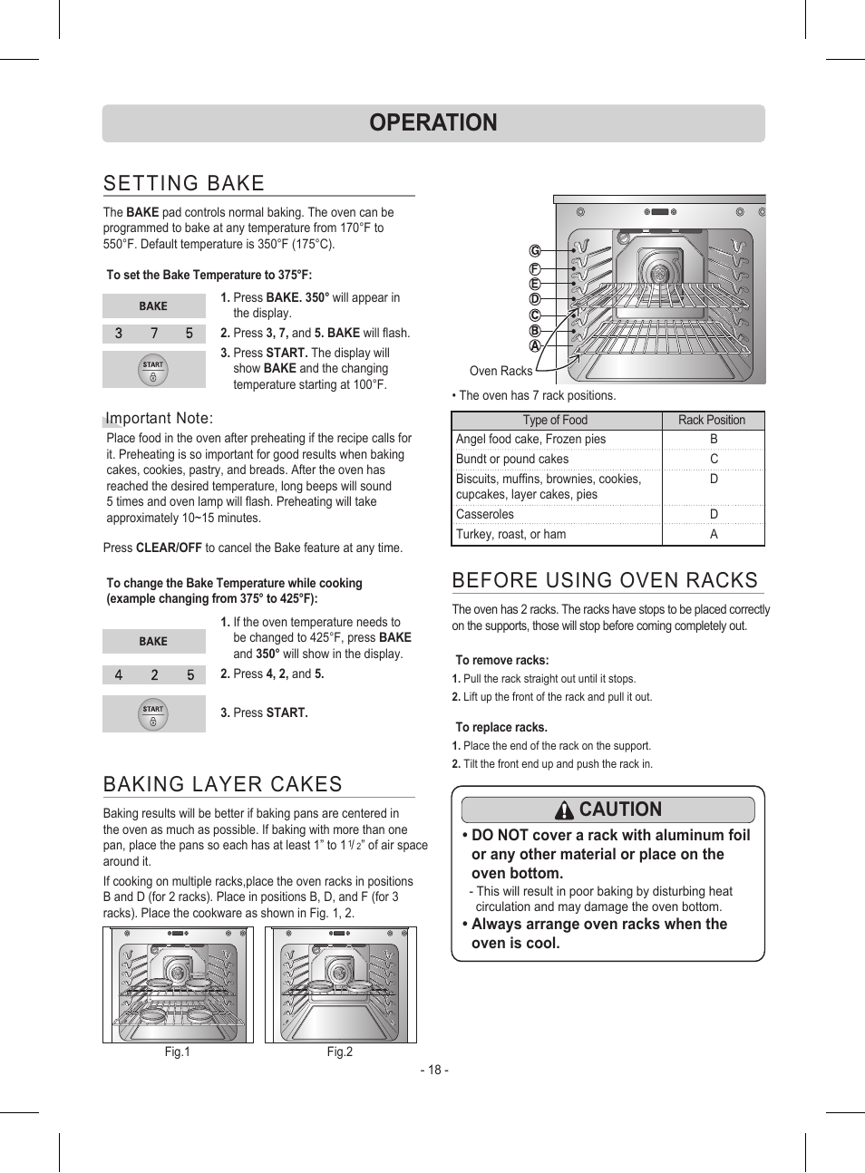 Operation, Setting bake, Baking layer cakes | Before using oven racks, Caution | LG LRE30453ST User Manual | Page 18 / 76