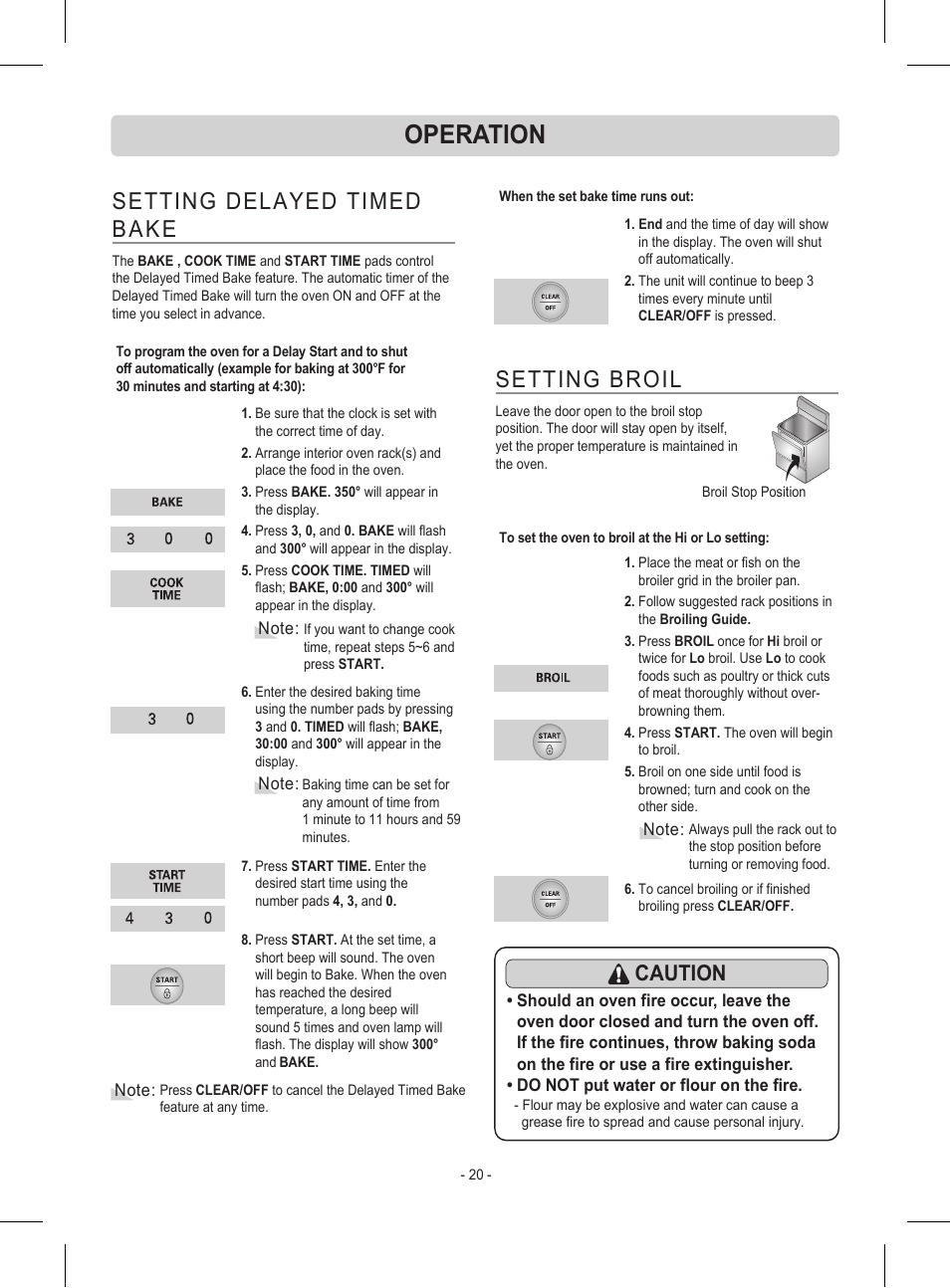 Operation, Setting broil, Setting delayed timed bake | Caution | LG LRE30453ST User Manual | Page 20 / 76