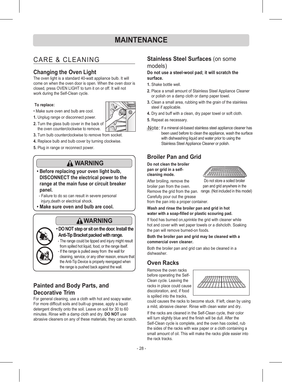Maintenance, Care & cleaning, Warning | Changing the oven light, Painted and body parts, and decorative trim, Stainless steel surfaces (on some models), Broiler pan and grid, Oven racks | LG LRE30453ST User Manual | Page 28 / 76