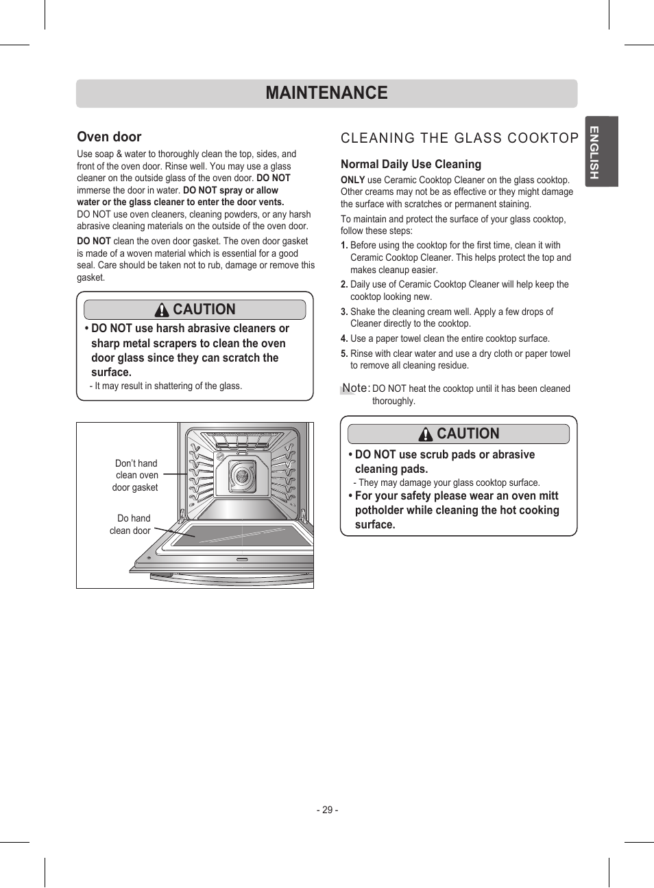 Maintenance, Caution, Oven door | Cleaning the glass cooktop | LG LRE30453ST User Manual | Page 29 / 76