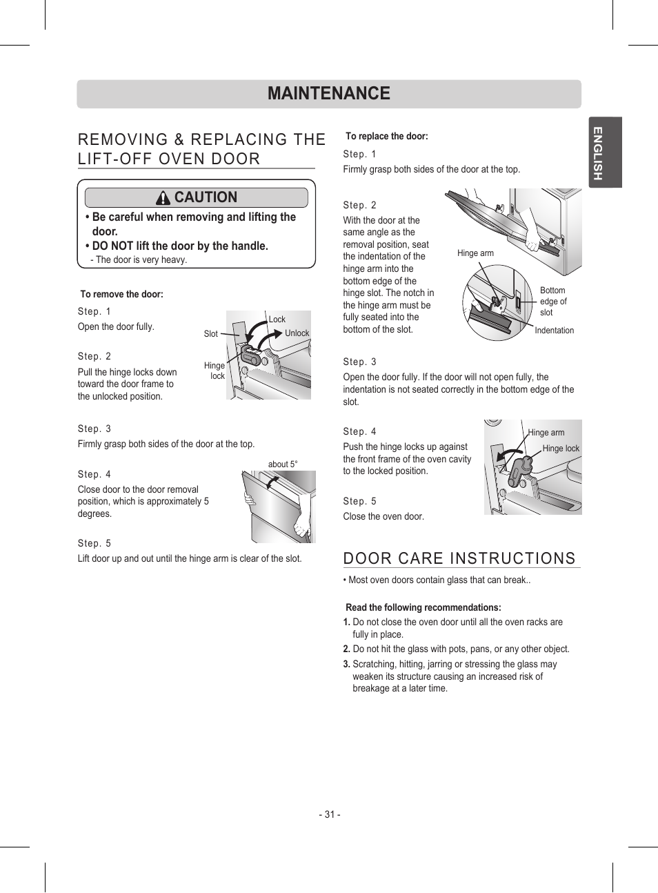 Maintenance, Removing & replacing the lift-off oven door, Door care instructions | Caution | LG LRE30453ST User Manual | Page 31 / 76