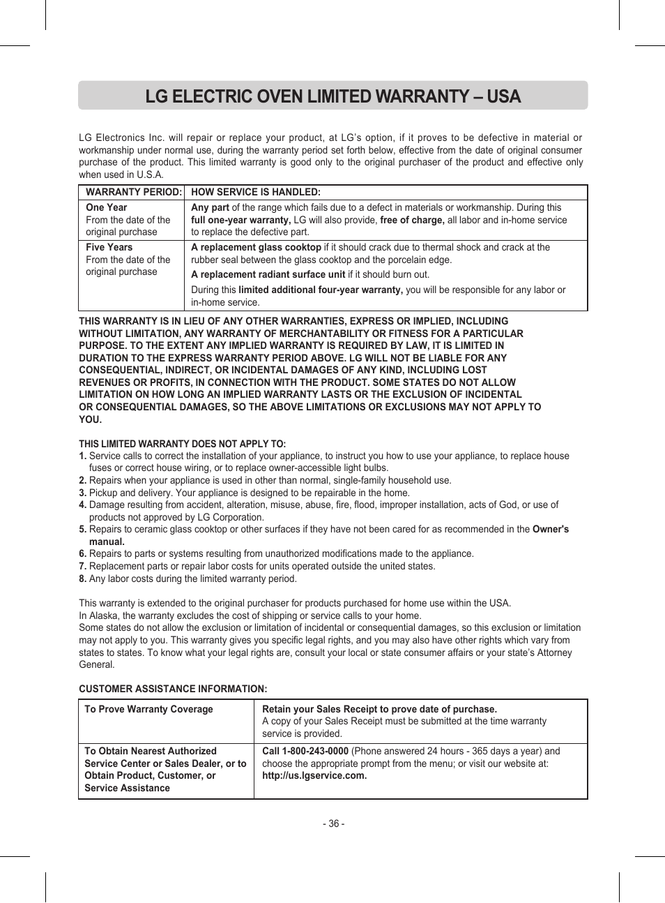 Lg electric oven limited warranty – usa | LG LRE30453ST User Manual | Page 36 / 76