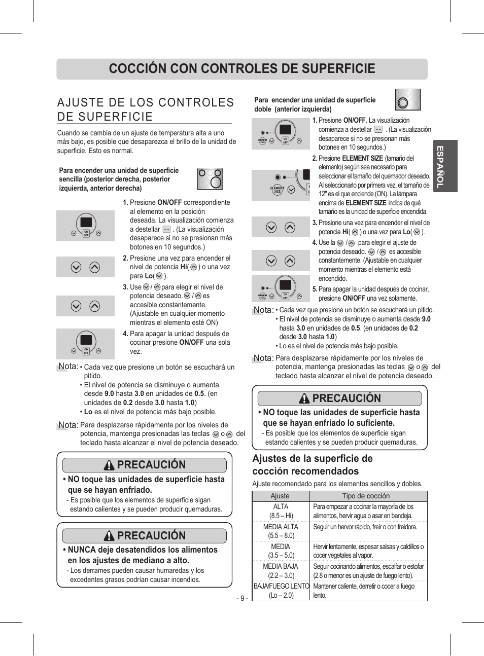 Cocción con controles de superficie, Ajuste de los controles de superficie, Precaución | Ajustes de la superficie de cocción recomendados | LG LRE30453ST User Manual | Page 45 / 76