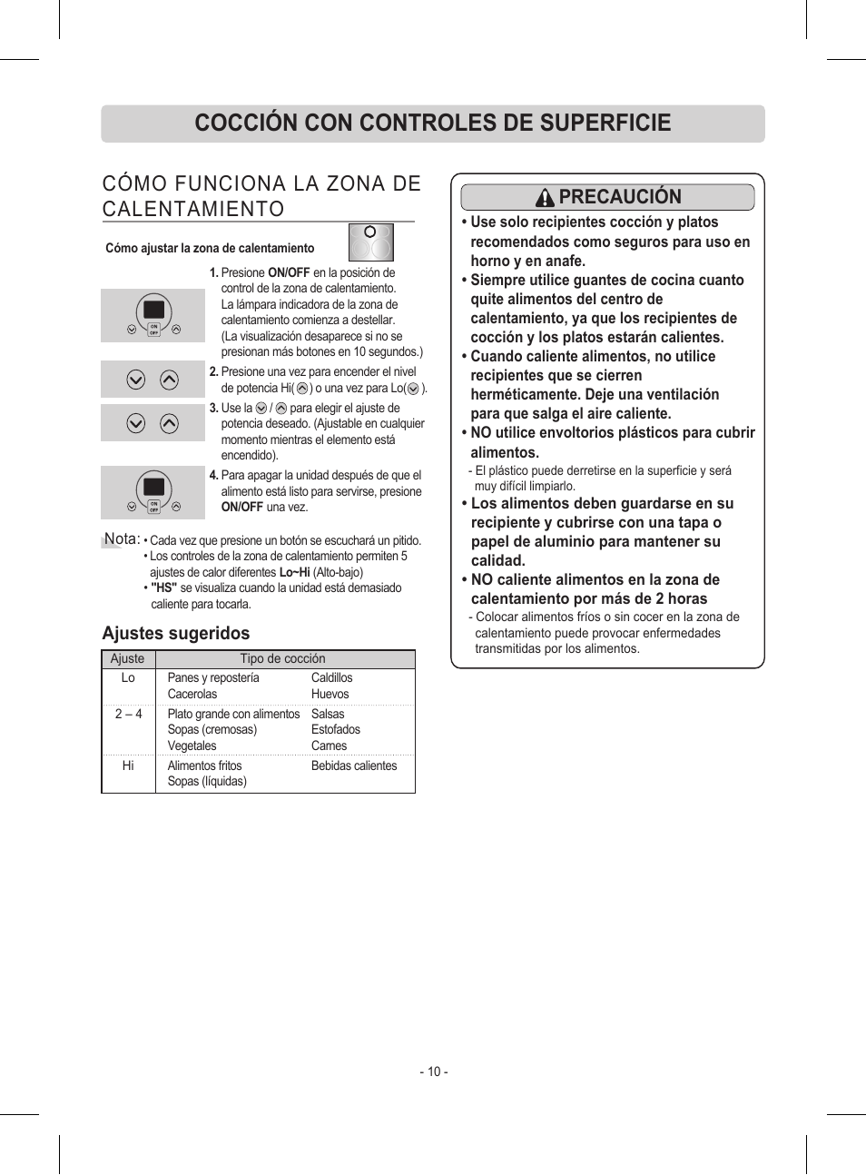 Cocción con controles de superficie, Cómo funciona la zona de calentamiento, Precaución | Ajustes sugeridos | LG LRE30453ST User Manual | Page 46 / 76
