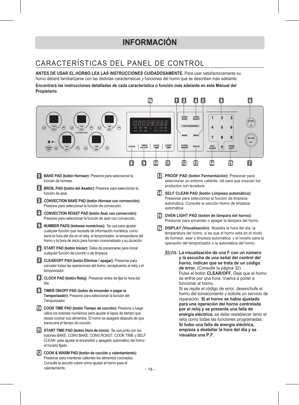 Información, Características del panel de control | LG LRE30453ST User Manual | Page 50 / 76