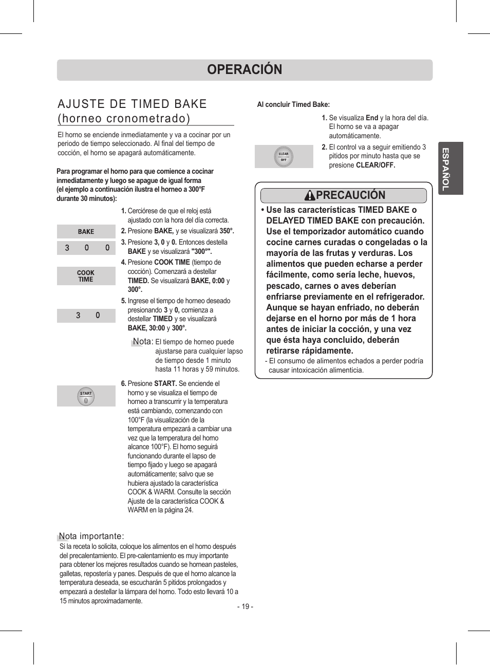 Operación, Ajuste de timed bake (horneo cronometrado), Precaución | LG LRE30453ST User Manual | Page 55 / 76