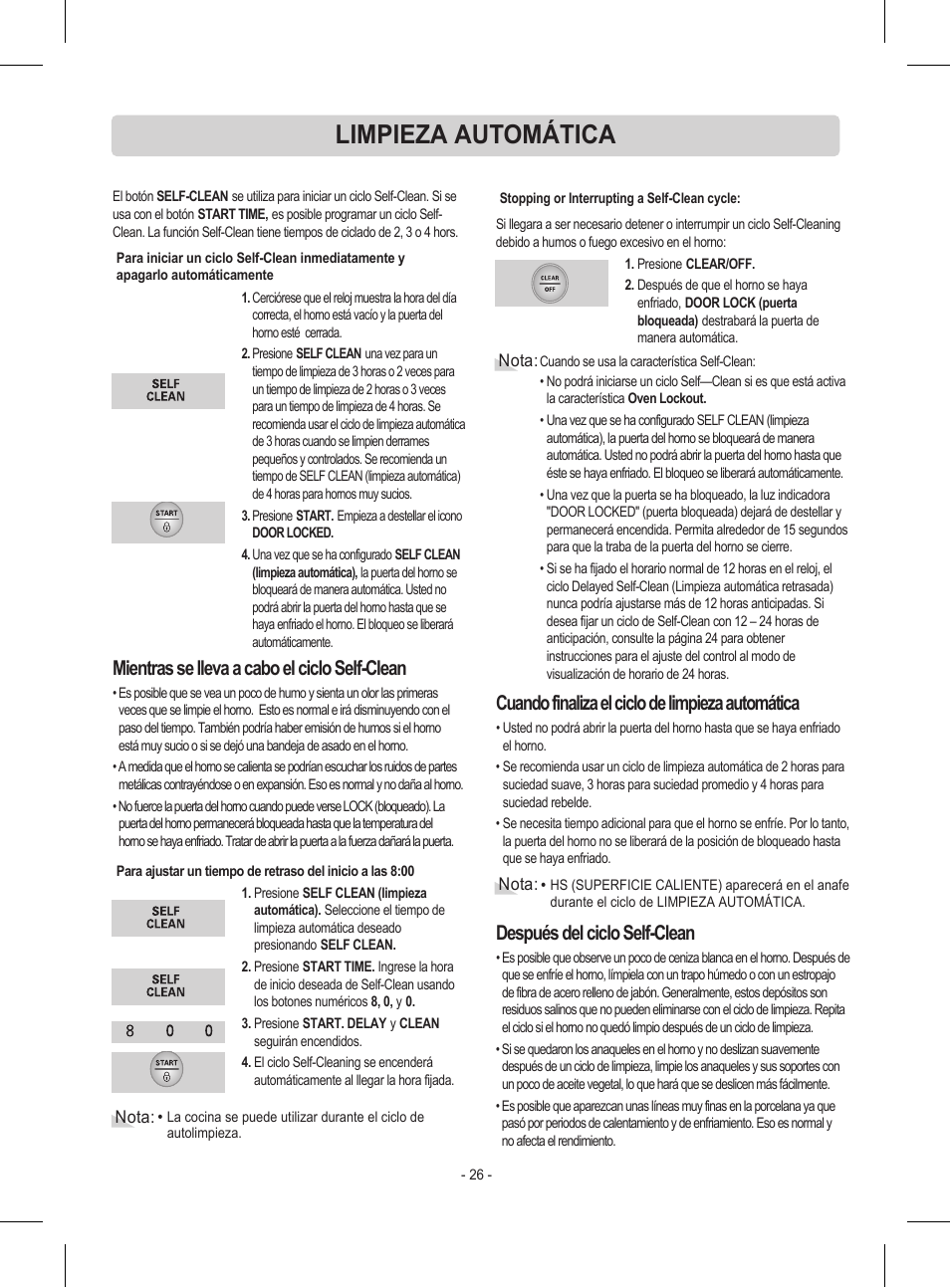 Limpieza automática, Mientras se lleva a cabo el ciclo self-clean, Cuando finaliza el ciclo de limpieza automática | Después del ciclo self-clean | LG LRE30453ST User Manual | Page 62 / 76
