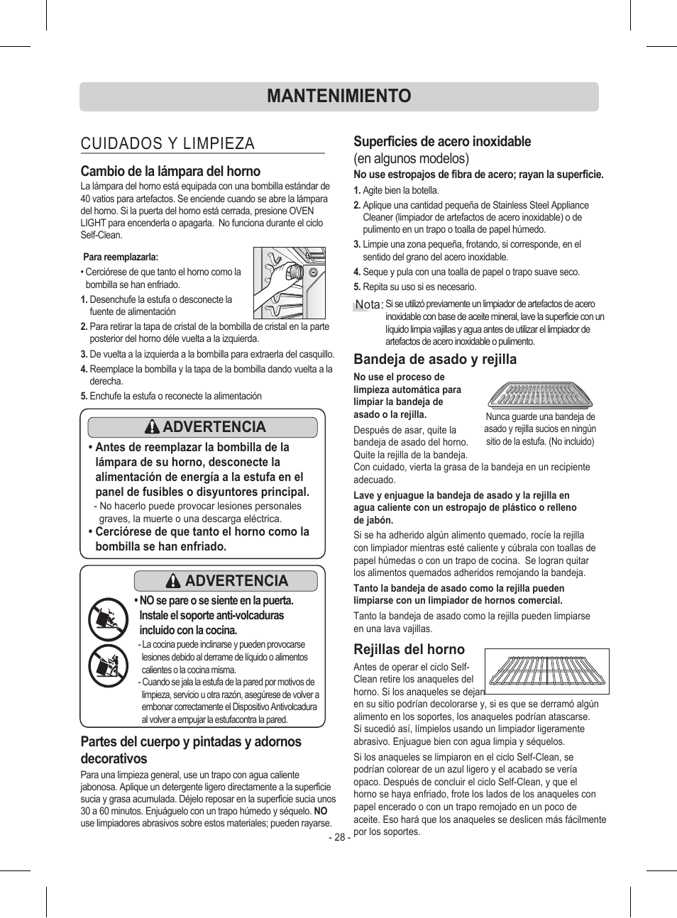 Mantenimiento, Cuidados y limpieza, Advertencia | Cambio de la lámpara del horno, Partes del cuerpo y pintadas y adornos decorativos, Bandeja de asado y rejilla, Rejillas del horno | LG LRE30453ST User Manual | Page 64 / 76