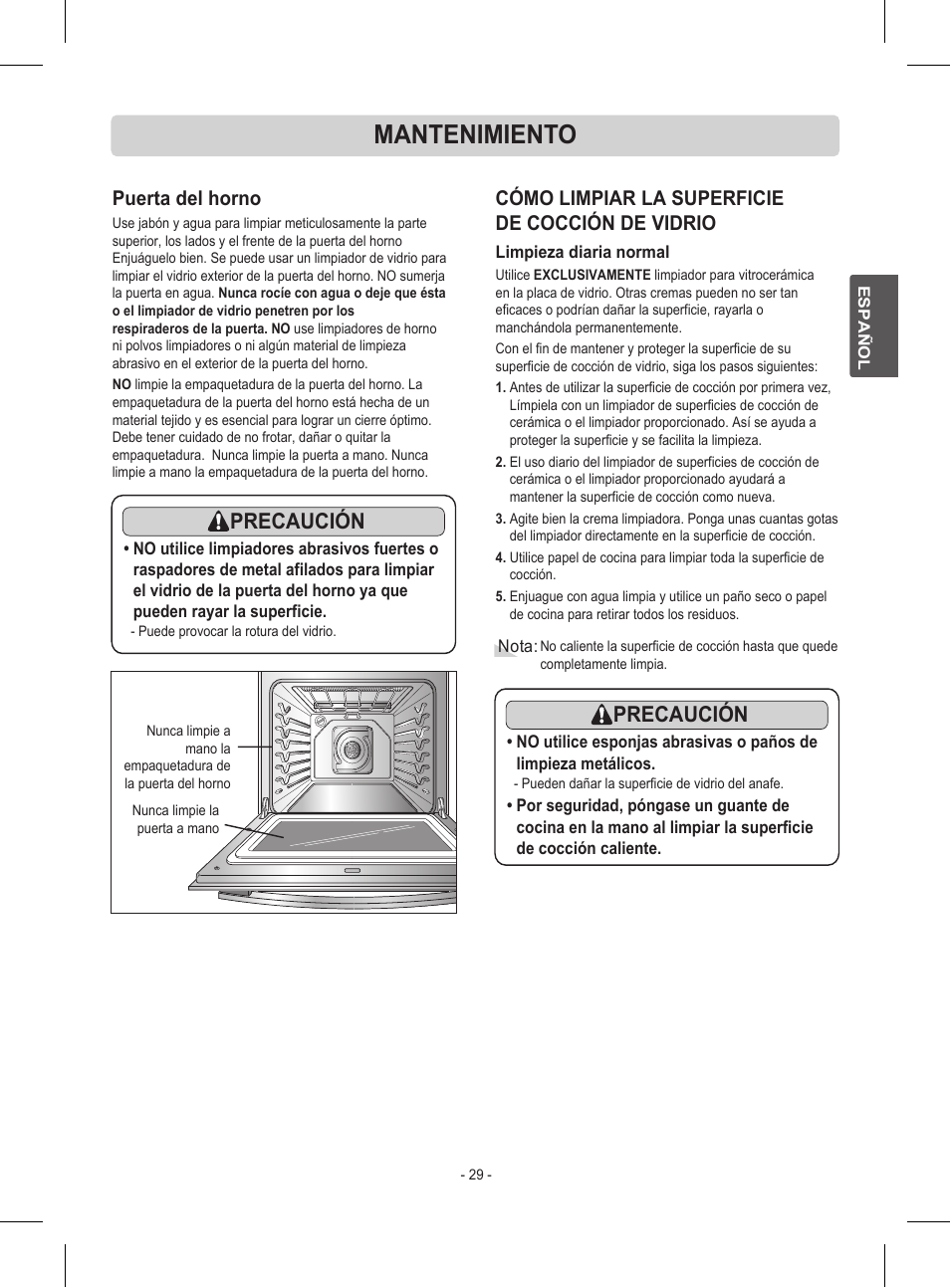 Mantenimiento, Precaución, Puerta del horno | Cómo limpiar la superficie de cocción de vidrio | LG LRE30453ST User Manual | Page 65 / 76