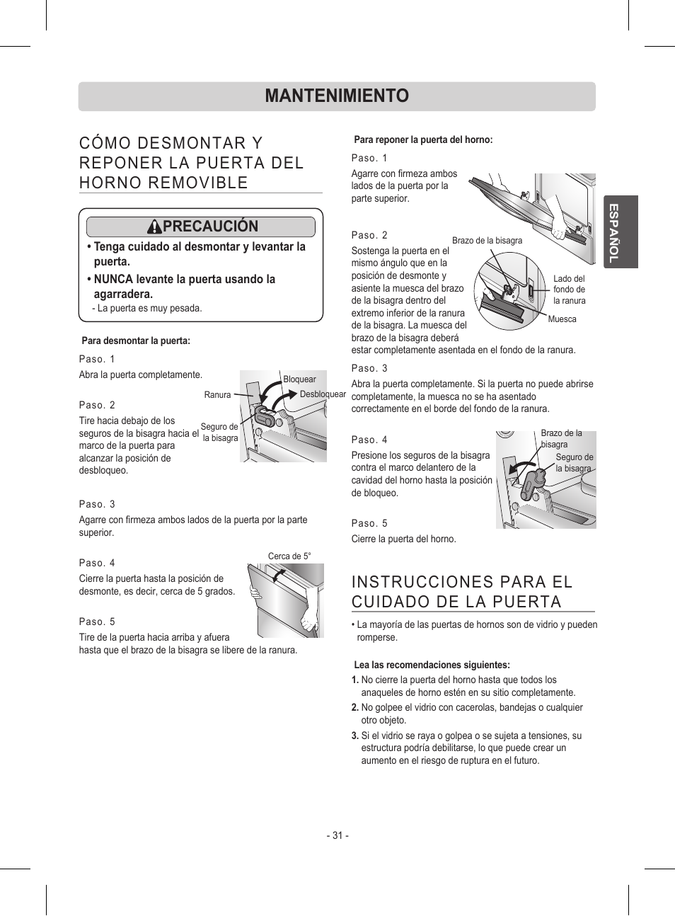Mantenimiento, Instrucciones para el cuidado de la puerta, Precaución | LG LRE30453ST User Manual | Page 67 / 76