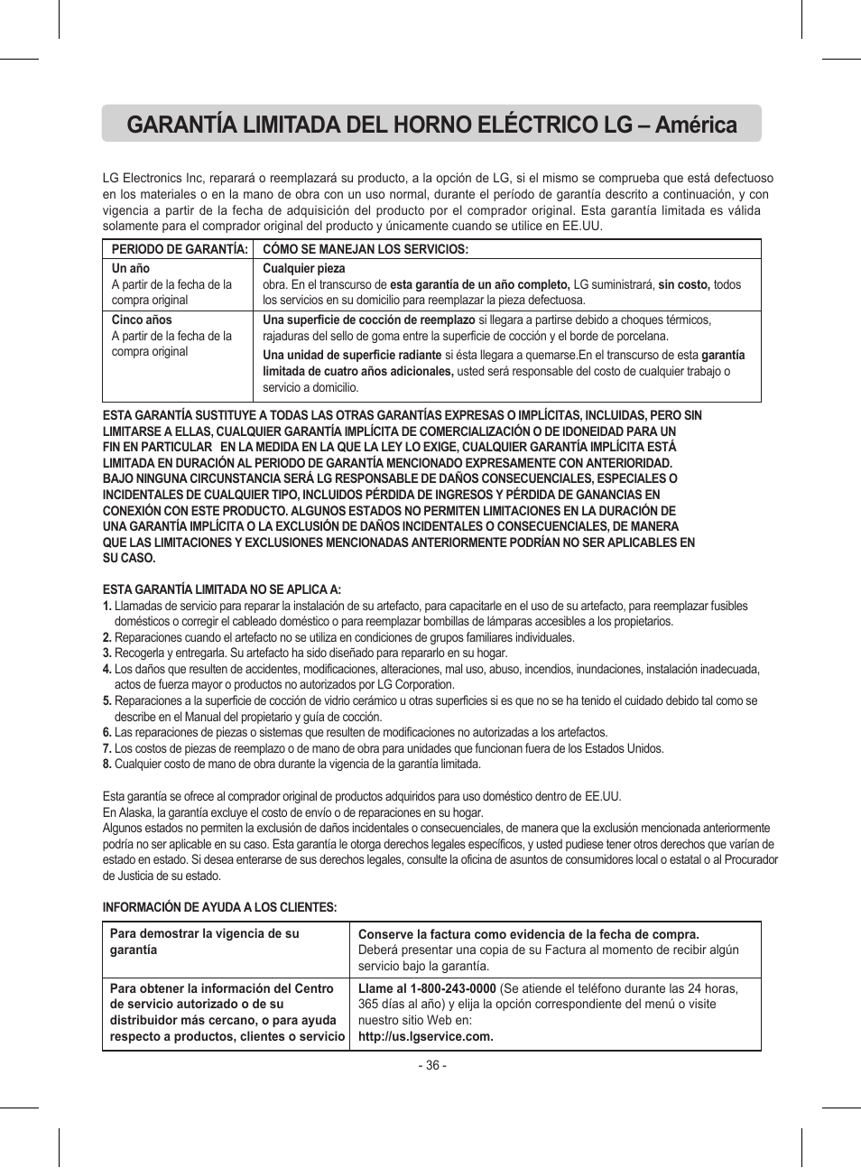Garantía limitada del horno eléctrico lg – américa | LG LRE30453ST User Manual | Page 72 / 76
