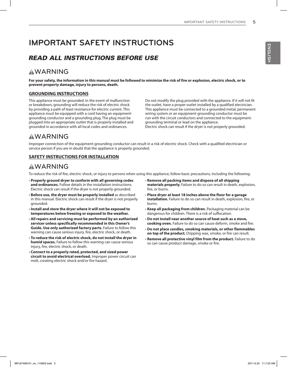 Important safety instructions, Warning, Read all instructions before use w | LG DLEX3550V User Manual | Page 5 / 96
