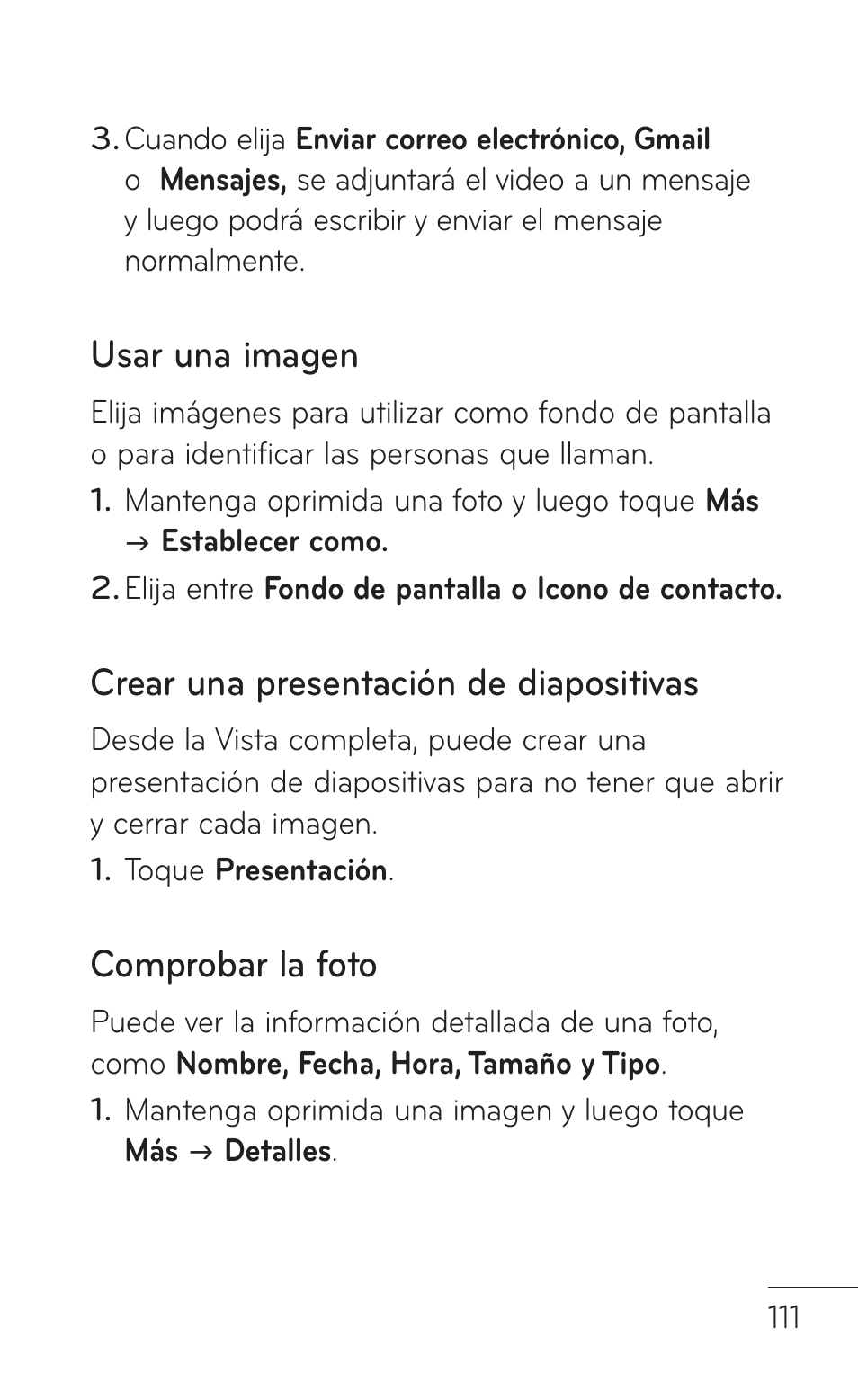 Usar una imagen, Crear una presentación de diapositivas, Comprobar la foto | LG LGP509 User Manual | Page 303 / 396