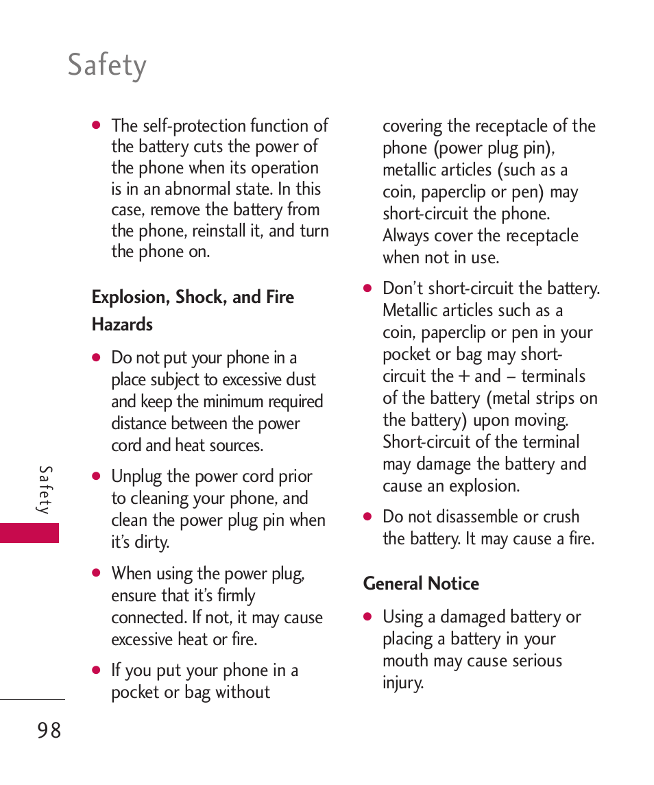 Explosion, shock, and fire, General notice, Hazards | Safety | LG MN270 User Manual | Page 100 / 273