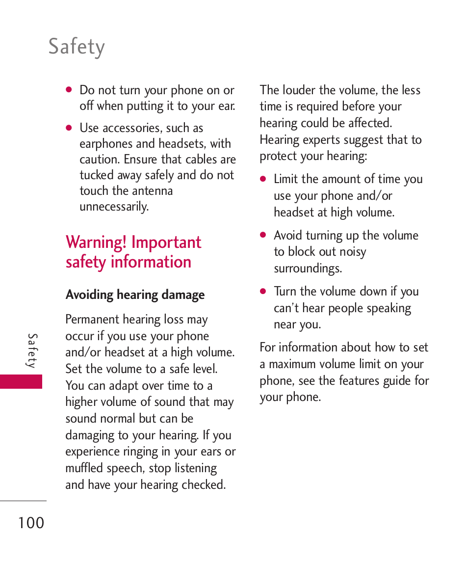 Warning! important safety in, Avoiding hearing damage, Warning! important safety information | Safety | LG MN270 User Manual | Page 102 / 273