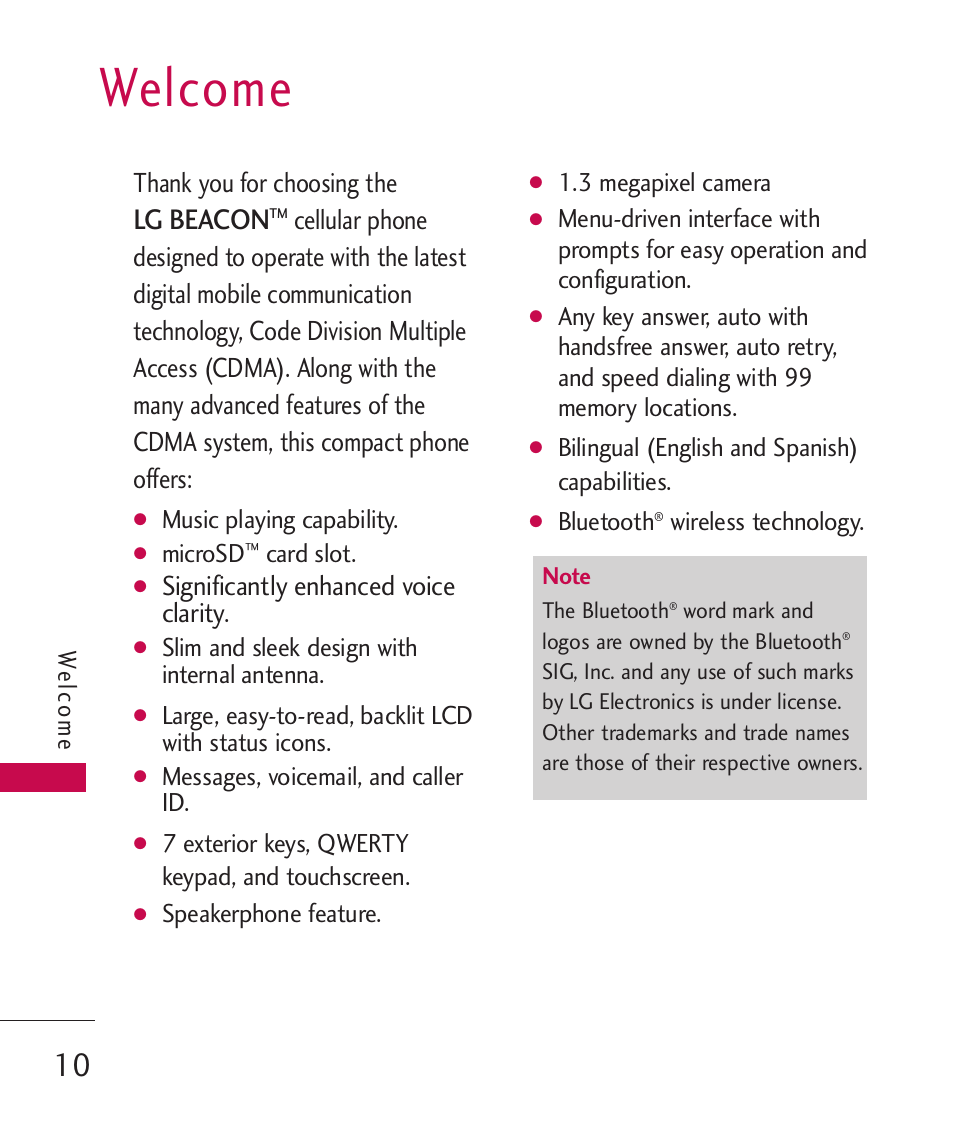Welcome, Lg beacon, Significantly enhanced voice clarity | LG MN270 User Manual | Page 12 / 273