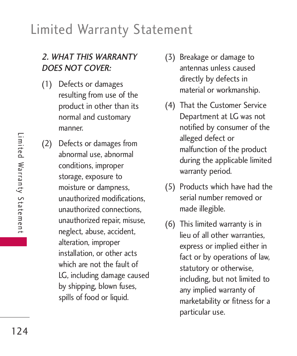 Limited warranty statement | LG MN270 User Manual | Page 126 / 273