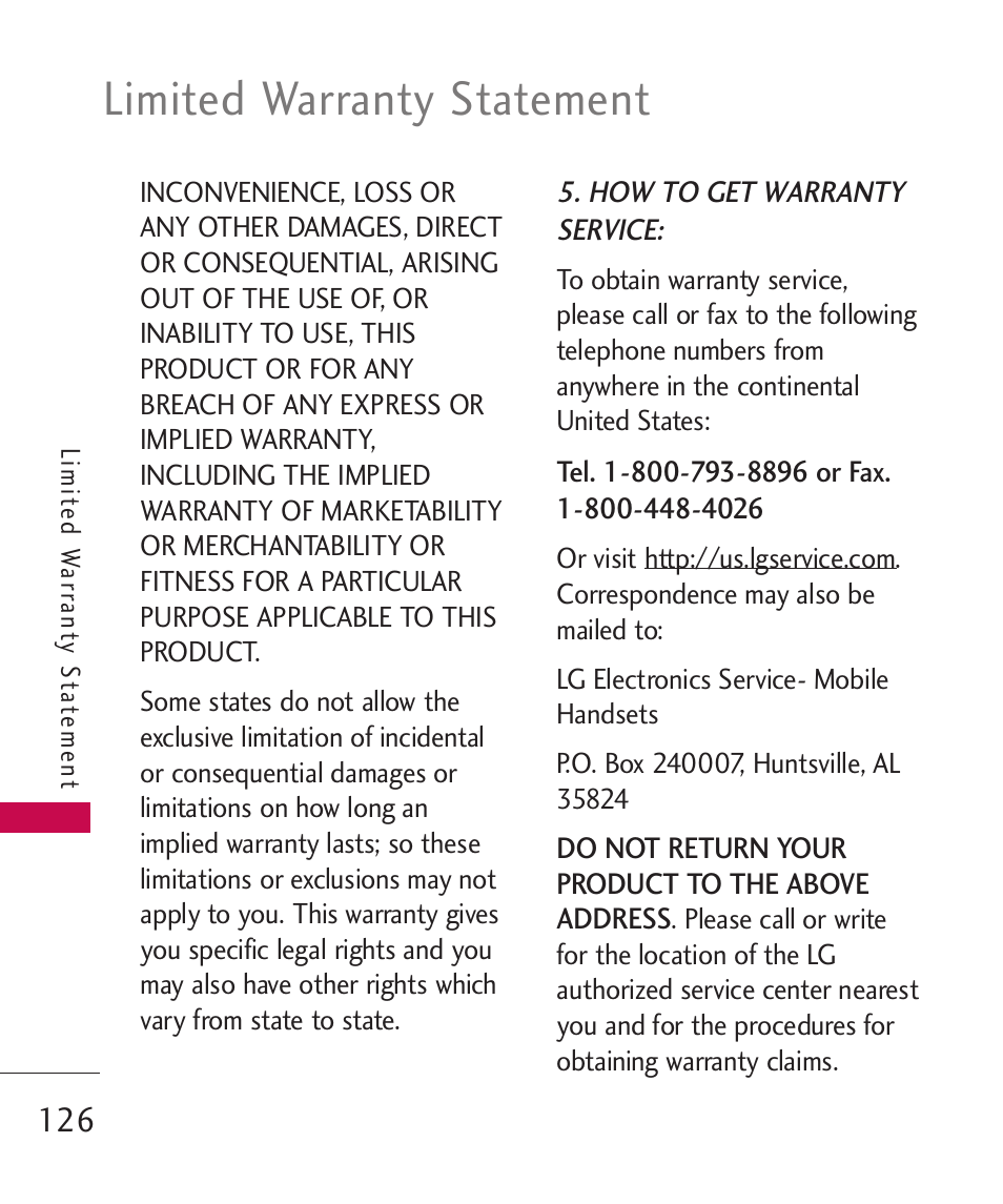 Limited warranty statement | LG MN270 User Manual | Page 128 / 273