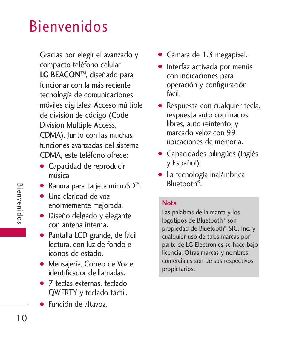 Bienvenidos, Lg beacon, Capacidad de reproducir música | Ranura para tarjeta microsd, Una claridad de voz enormemente mejorada, Diseño delgado y elegante con antena interna, 7 teclas externas, teclado qwerty y teclado táctil, Función de altavoz, Cámara de 1.3 megapixel, Capacidades bilingües (inglés y español) | LG MN270 User Manual | Page 144 / 273