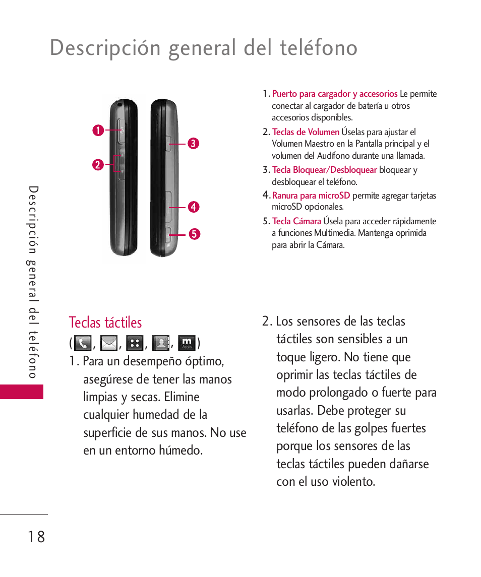Teclas táctiles, Descripción general del teléfono, 18 teclas táctiles | LG MN270 User Manual | Page 152 / 273