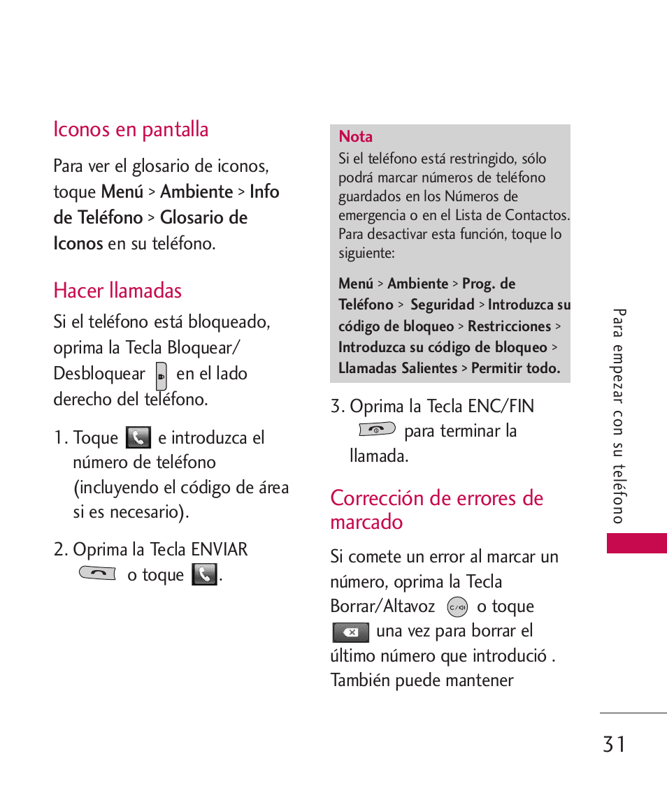 Iconos en pantalla, Hacer llamadas, Corrección de errores de ma | Corrección de errores de marcado, 31 iconos en pantalla | LG MN270 User Manual | Page 165 / 273