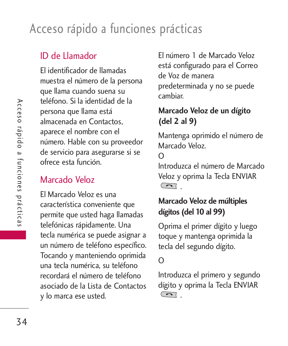 Id de llamador, Marcado veloz, Acceso rápido a funciones prácticas | 34 id de llamador | LG MN270 User Manual | Page 168 / 273