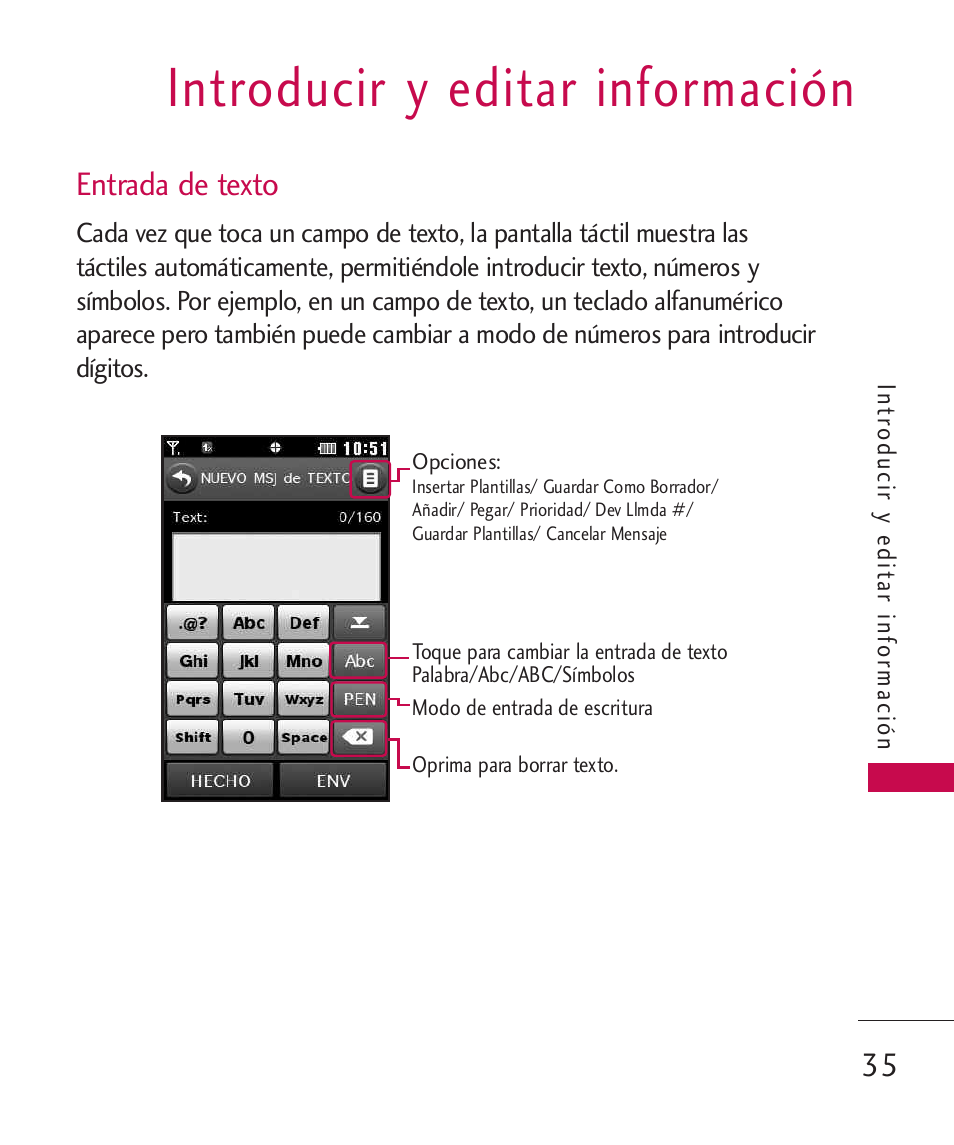 Introducir y editar información, Entrada de texto, 35 entrada de texto | LG MN270 User Manual | Page 169 / 273