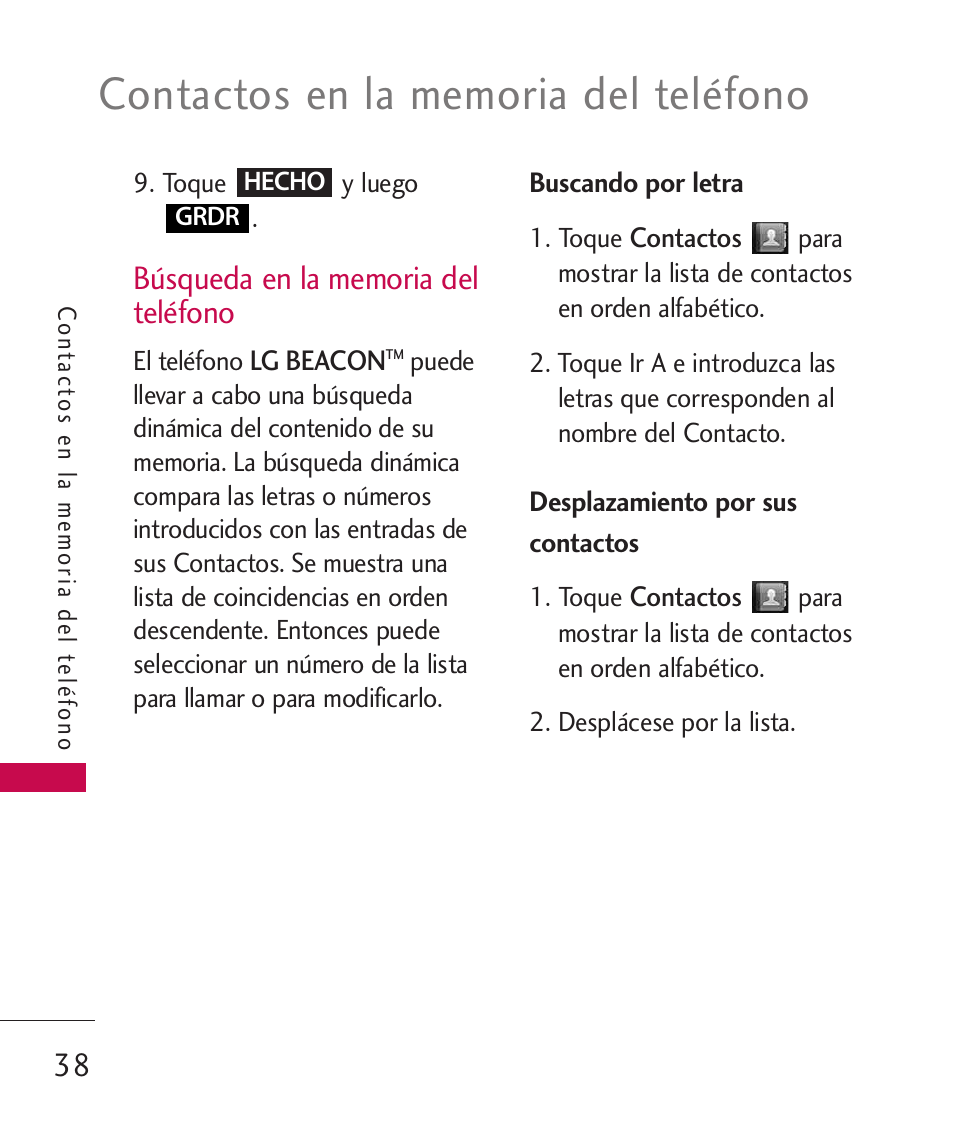 Búsqueda en la memoria del, Buscando por letra, Desplazamiento por sus cont | Búsqueda en la memoria del teléfono, Desplazamiento por sus contactos | LG MN270 User Manual | Page 172 / 273