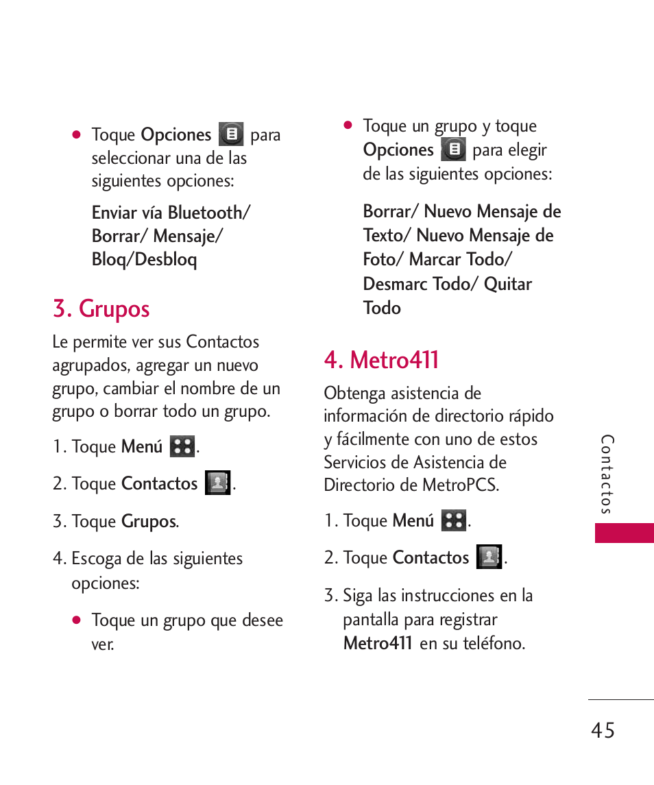 Grupos, Metro411 | LG MN270 User Manual | Page 179 / 273