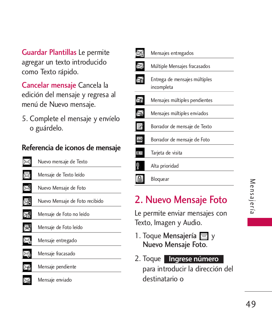 Nuevo mensaje foto, Guardar plantillas, Cancelar mensaje | Referencia de iconos de mensaje, Mensajería | LG MN270 User Manual | Page 183 / 273