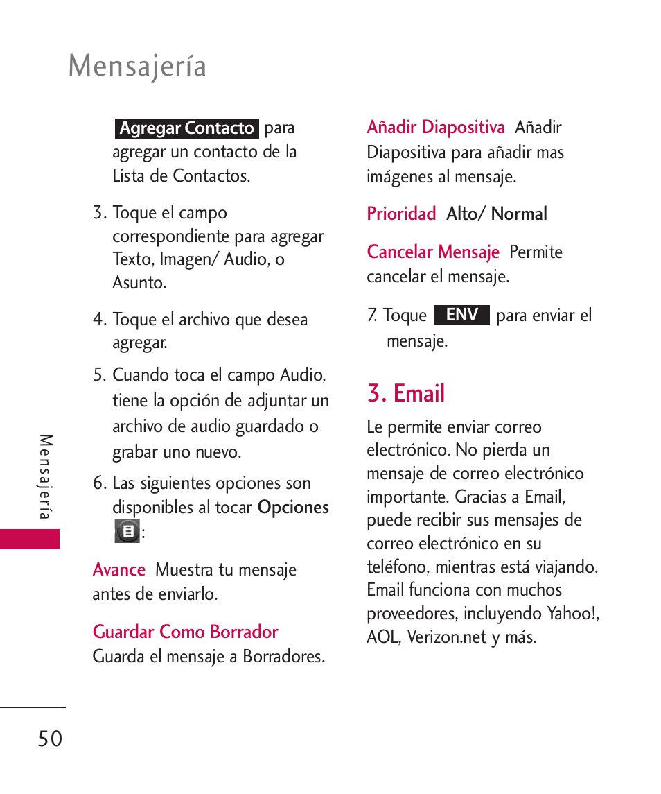 Email, Mensajería | LG MN270 User Manual | Page 184 / 273