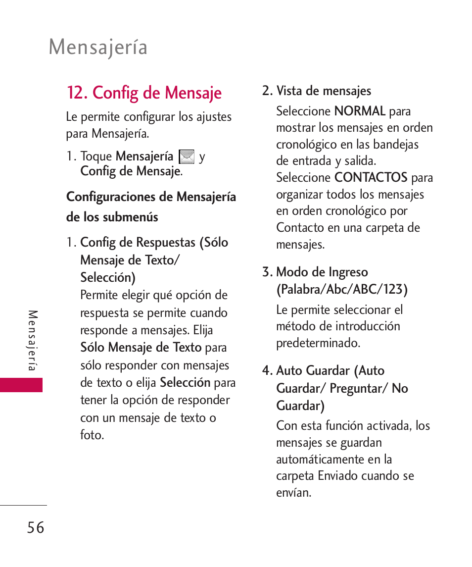 Config de mensaje, Mensajería | LG MN270 User Manual | Page 190 / 273