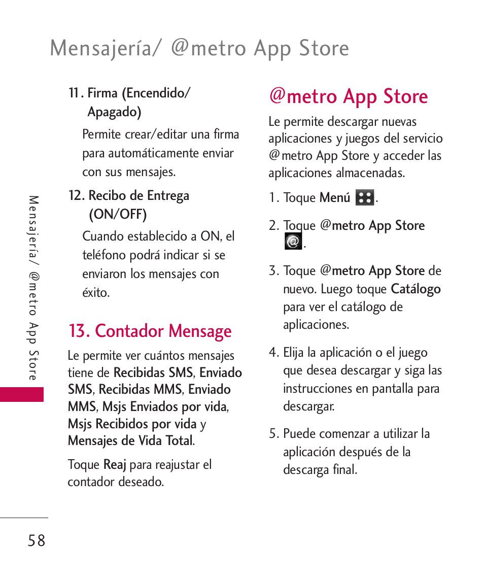 Contador mensage, Metro app store, Mensajería/ @metro app store | LG MN270 User Manual | Page 192 / 273