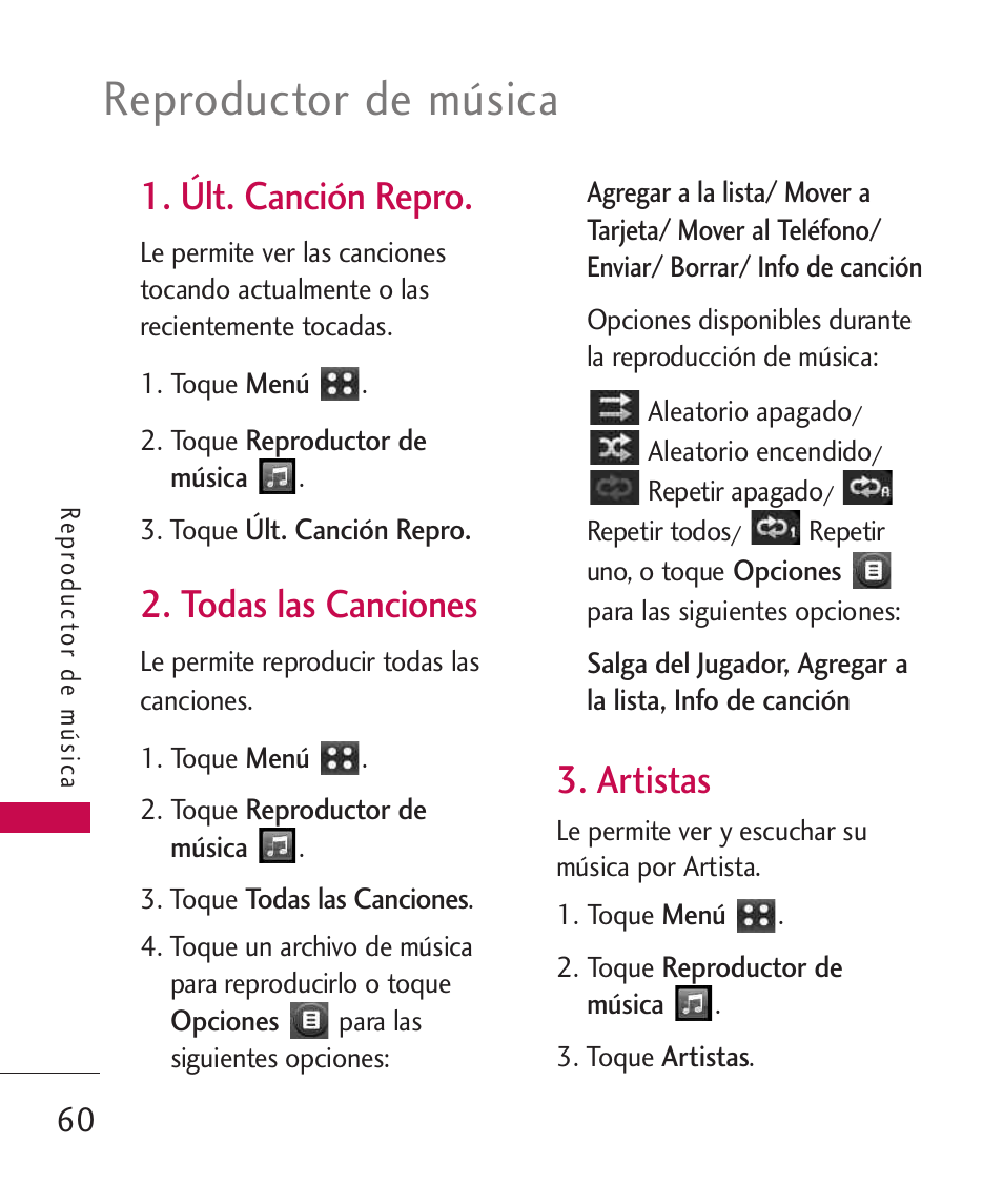 Últ. canción repro, Todas las canciones, Artistas | Reproductor de música | LG MN270 User Manual | Page 194 / 273