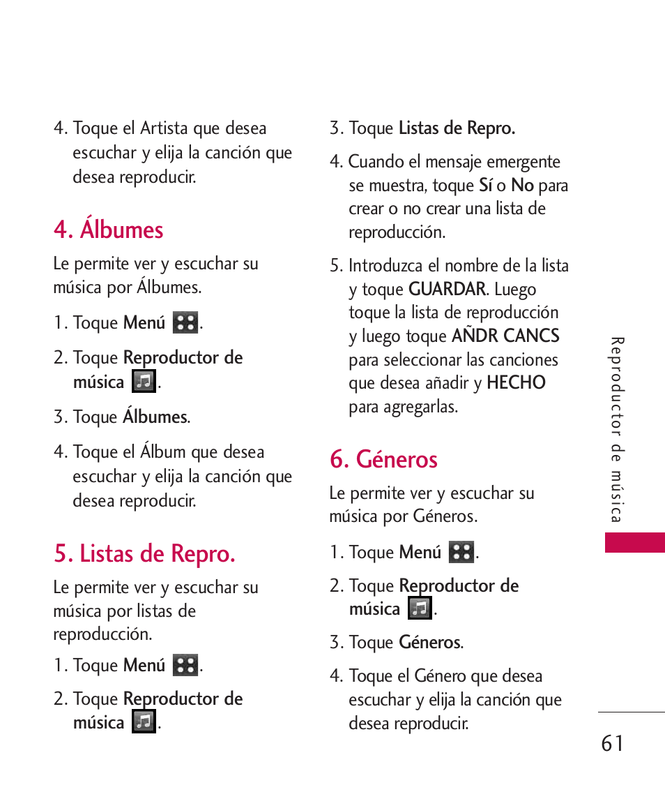 Álbumes, Listas de repro, Géneros | LG MN270 User Manual | Page 195 / 273