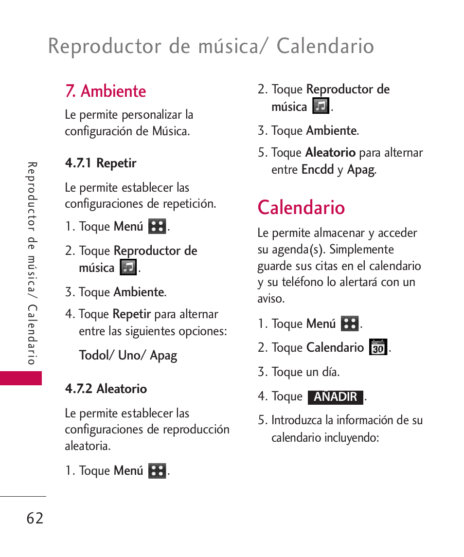 Ambiente, 1 repetir, 2 aleatorio | Calendario, Reproductor de música/ calendario | LG MN270 User Manual | Page 196 / 273