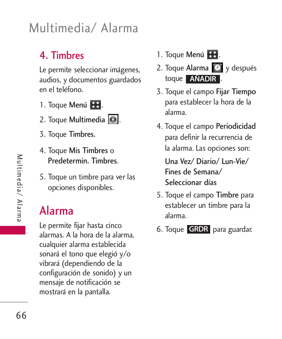 Timbres, Alarma, Multimedia/ alarma | LG MN270 User Manual | Page 200 / 273