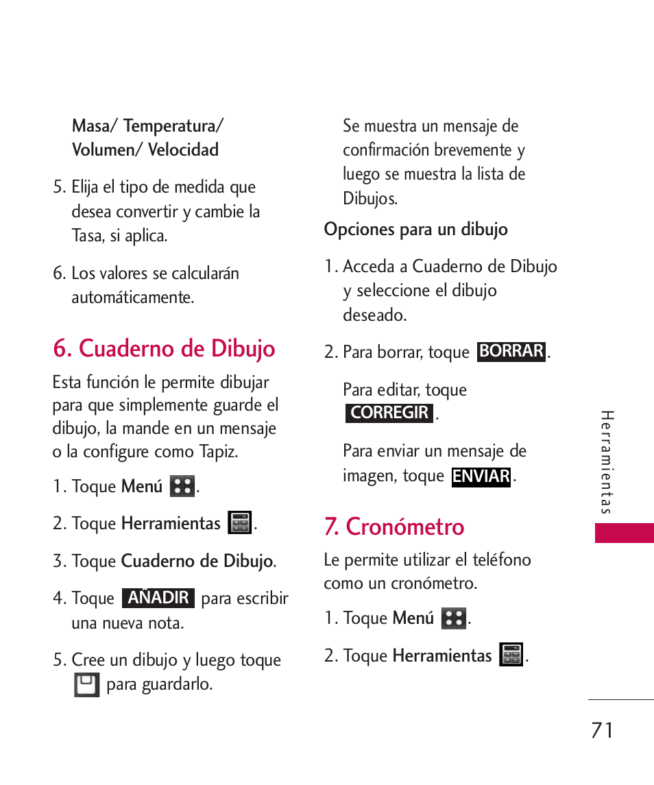 Cuaderno de dibujo, Cronómetro | LG MN270 User Manual | Page 205 / 273